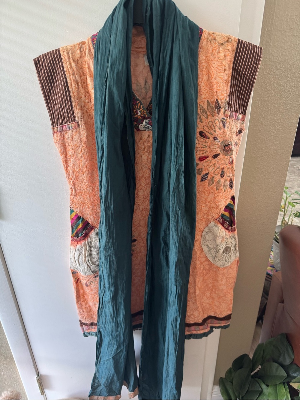 Indian Dupatta With Scarf Peach Embroidered Cotton Vest with Teal Scarf